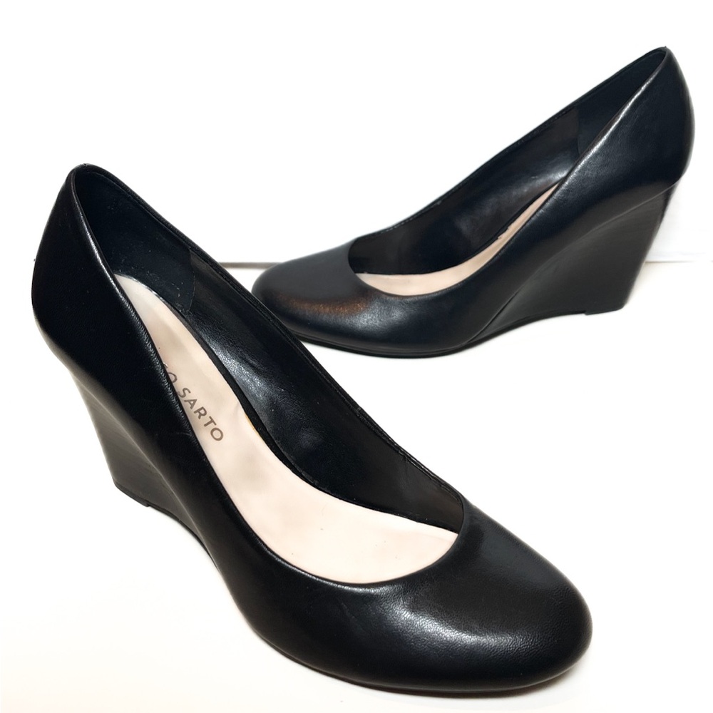 Franco sarto Black Leather Wedge Pumps 7.5 Y2k